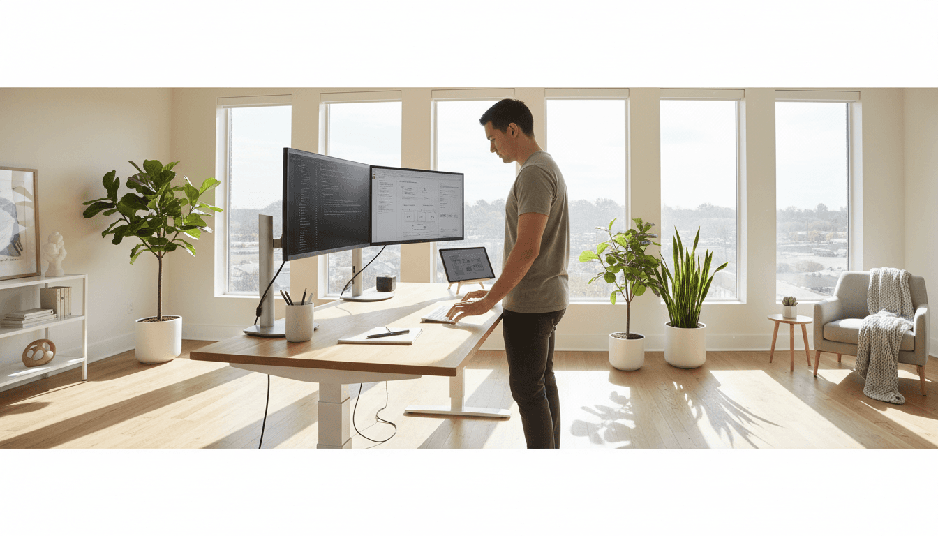 Person working at a minimal desk with a single monitor and notebook