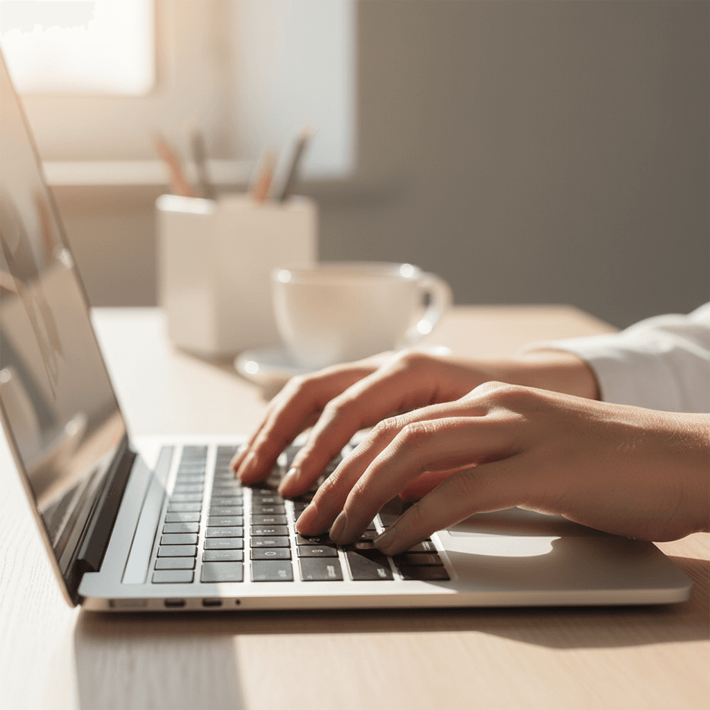 Hands typing on a laptop keyboard in a home office