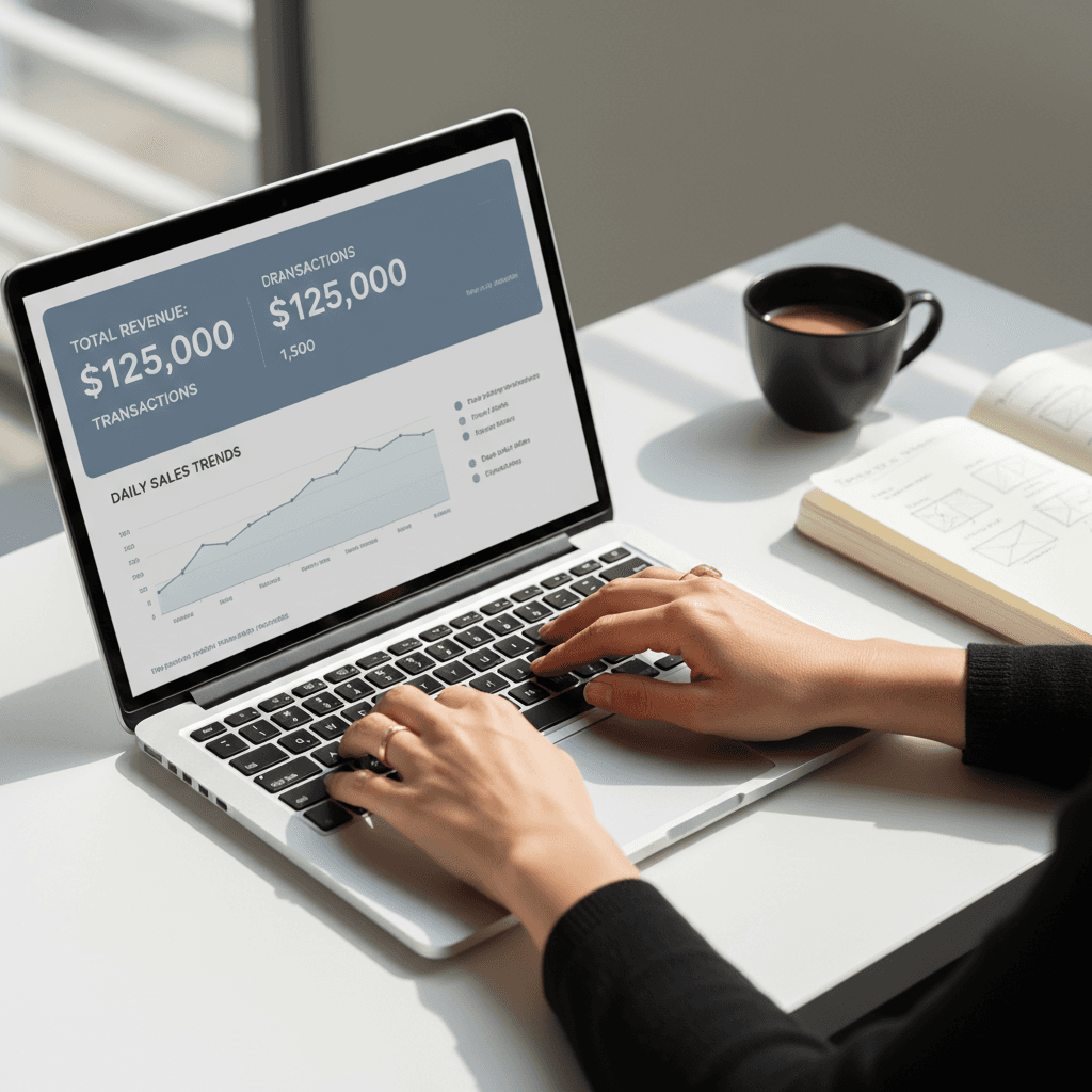 Founder reviewing CRM dashboard on laptop in simple home office